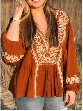 American Eagle Outfitters Rust Embroidered V-Neck Peasant Top